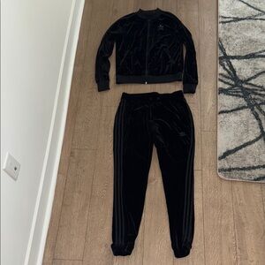 Adidas Black Jogger Track Pants and Zip up sweater shirt velvet sweater set